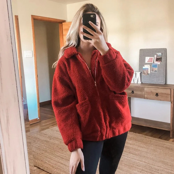 I. AM. GIA. Red Oversized Full Zip Collared Teddy Jacket Women's Small - Picture 1 of 9